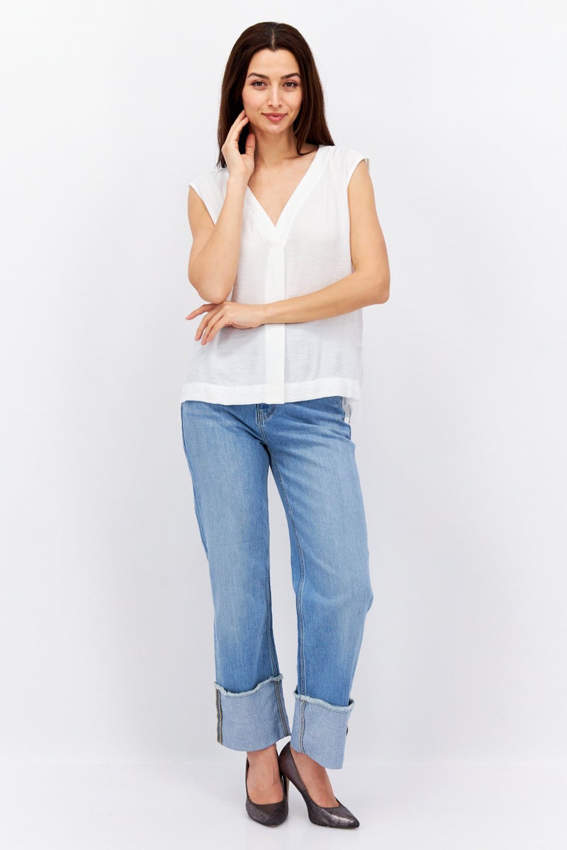 ESPRIT Women V Neck Sleeveless Textured Blouse, White - Image 4